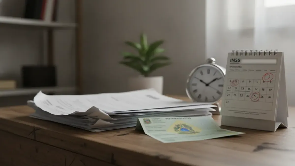 Documentos, relógio e calendário do INSS com datas marcadas sobre uma mesa